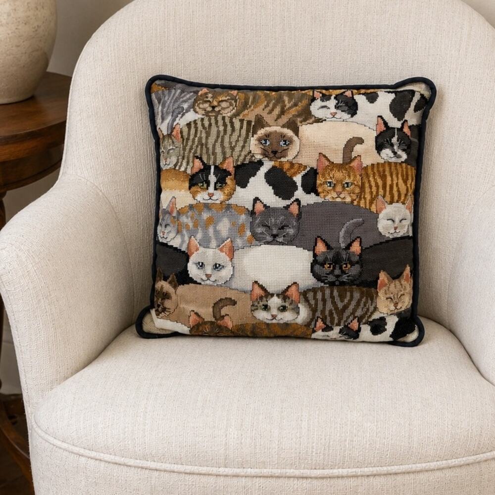 1980's Cross-Stitched Cat Pillow